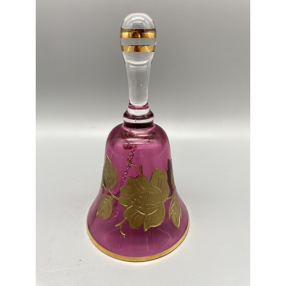Bohemia Crystal Pink Glass Bell with Floral Design & Gold‎ Trim 6.25"